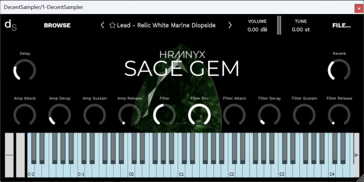 A screenshot of the Sage Gem Sample Library instrument interface in Decent Sampler.